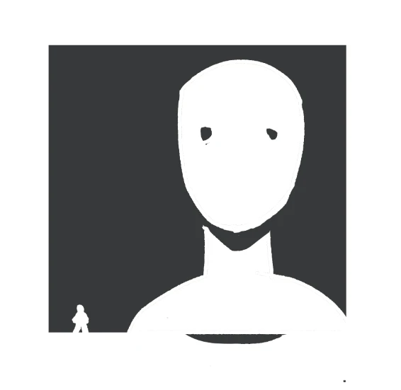 A small person facing a giant, pale figure