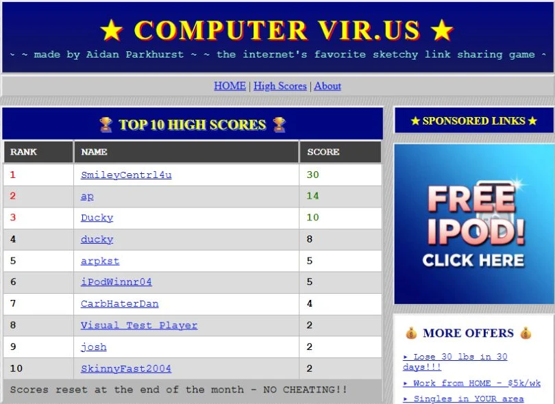 Computer Virus's retro website and high-score board